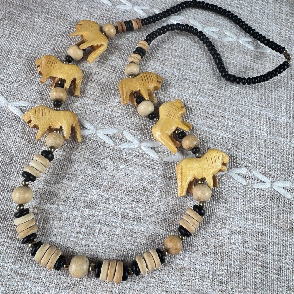 Vintage Wooden Elephant Necklace with Black and Gold Accents